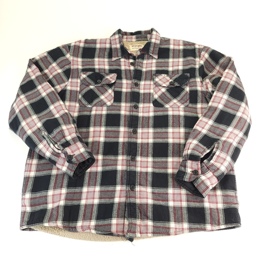 Wrangler Shirt Jacket Mens Large Premium Quality Sherpa Lined Black Red‎ Plaid